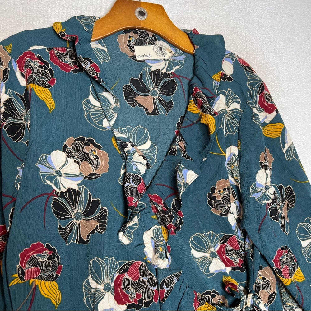 Anthropologie Everleigh Blue Floral Ruffle Wrap Blouse Peasant Womens Size XL - Picture 3 of 8